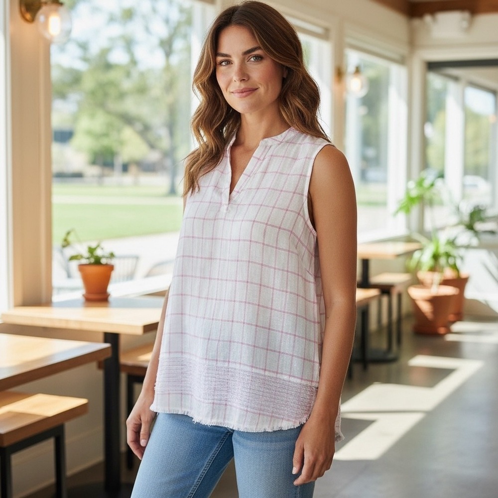 Carve Designs Women White Pink Plaid Sleeveless Organic Cotton Blouse Top Size S
